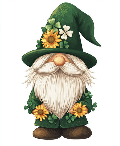 St. Patrick's Day Gnome, green hat with shamrocks and sunflowers