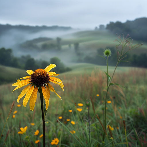 A yellow coneflower in the foreground with rolling hills shrouded in mist, creating a sense of mystery