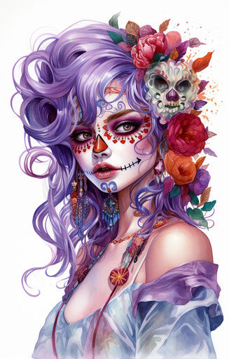 Sugar skull with purple hair and colorful earrings