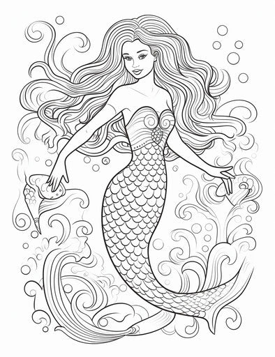 Coloring page for kids featuring a mermaid with an oblong tail