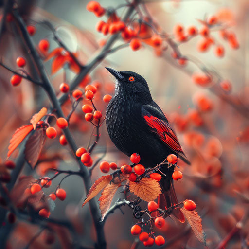 Black bird with red wings feeding on berries