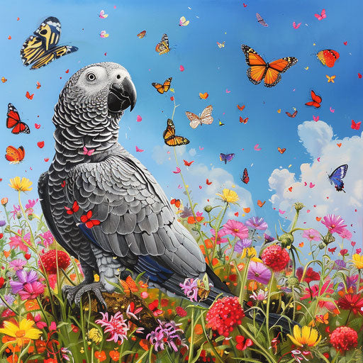 African grey parrot playing with colorful butterflies in a blooming meadow under clear blue sky