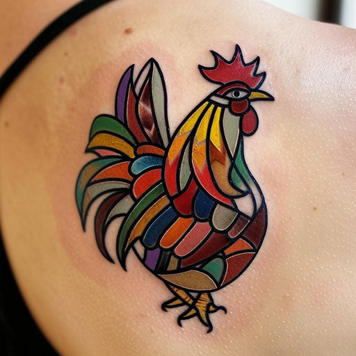 Stained glass style vibrant colored rooster tattoo on white