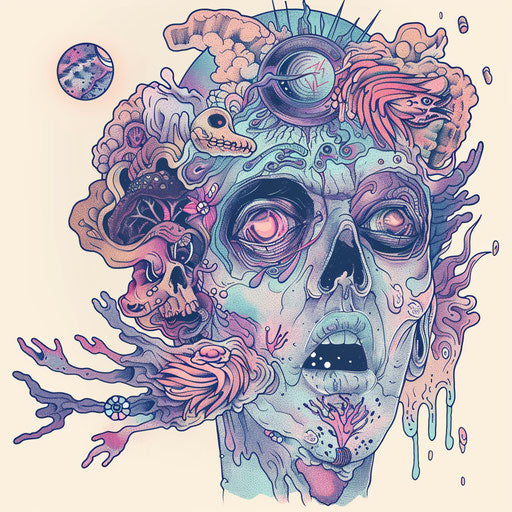 Surreal flat tattoo sketch in clipart style, evolutionary transitions in dreamlike pastels