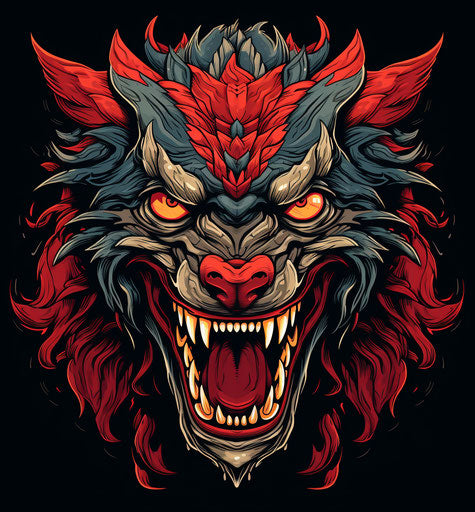 Cartoon werewolf head in Louis Rhead style, red and bronze