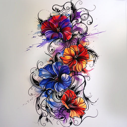 Dynamic tattoo sketch of morning glory with swirling vines and explosive color bursts
