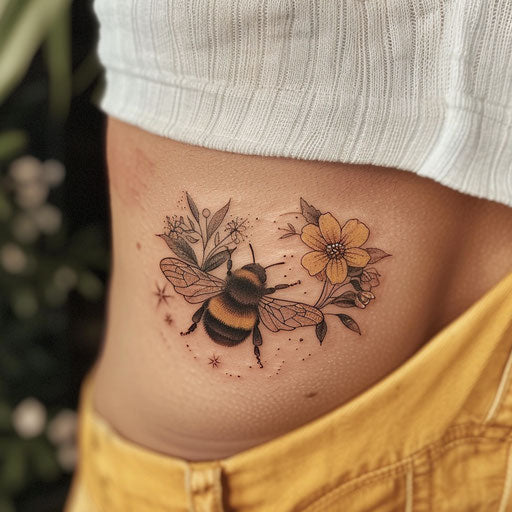 Bumble bee tattoo with floral motif on white background