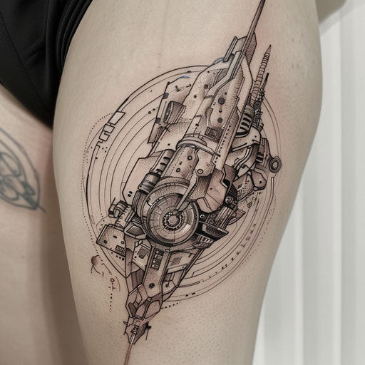 Biomechanical UFO tattoo: machinery and organic fusion