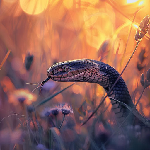 Black mamba snake in a serene meadow at dawn