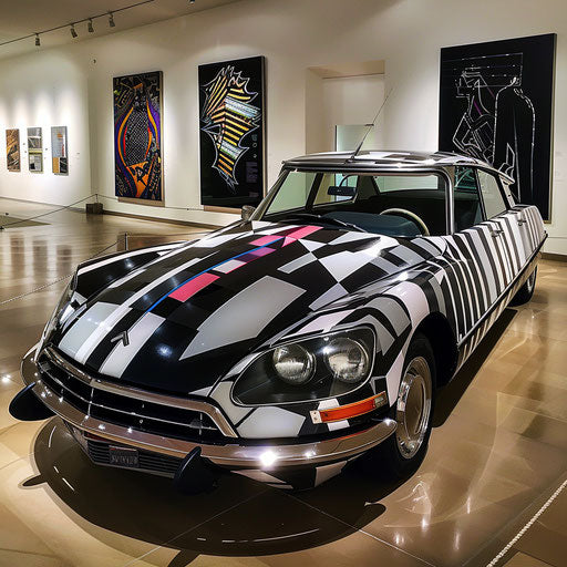 Minimalist Citroen DS 20 art car with abstract geometric patterns in an art gallery