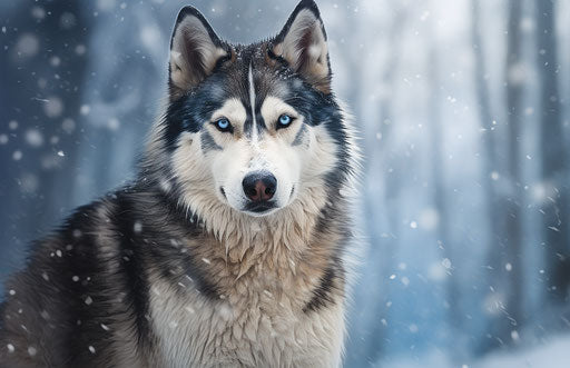 Husky dog in the snow, dark silver and dark maroon style
