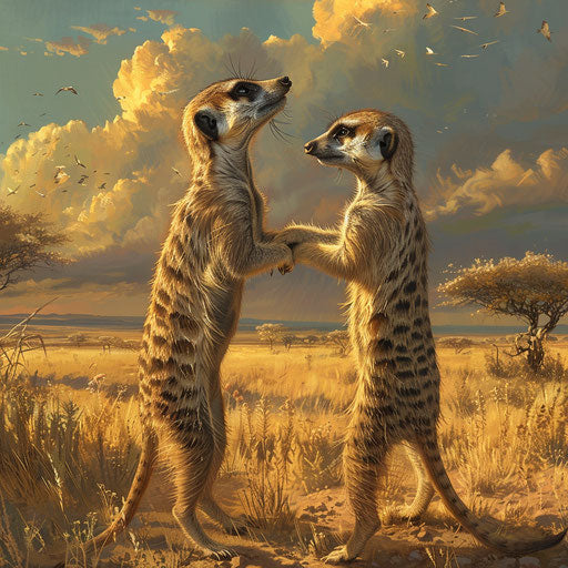 Meerkats interacting with another savanna animal, showcasing their social side, warm tones