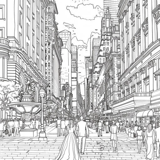 Lively city wedding with architectural details, Coloring book page