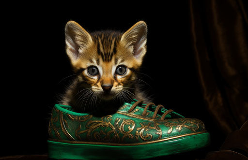 Bengal kitten resting on a shoe, with distinctive facial features, primitivist frenzy, dark gold and emerald 17:11