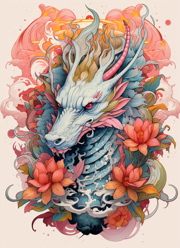 Drawing of Asian lotus flower dragon tattoo