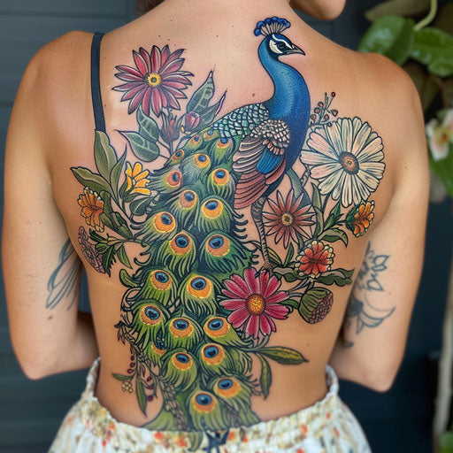 Wildflower tattoo with peacock, vibrant colors, detailed