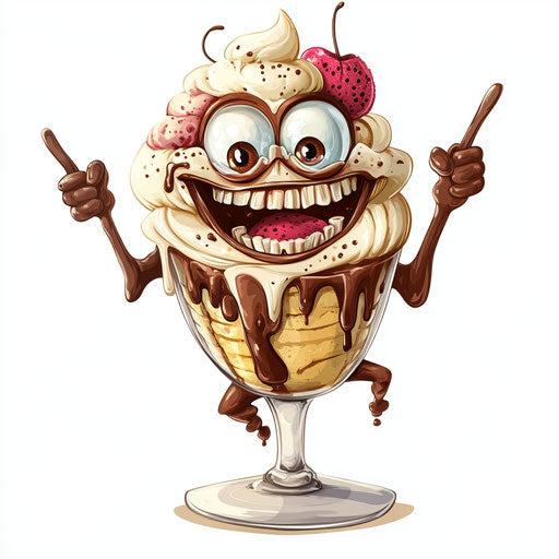 Humorous caricature of an ice cream sundae with human traits