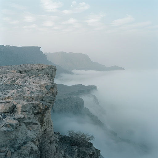 Fog enveloping Jebel Jais, in the style of Lucas Foglia