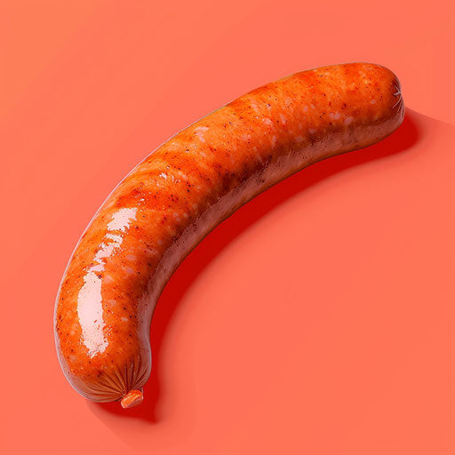 Realistic sausage clipart on a flat, vibrant coral background