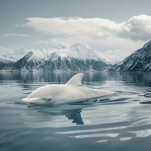 Beluga whale in calm waters with snow-capped peaks