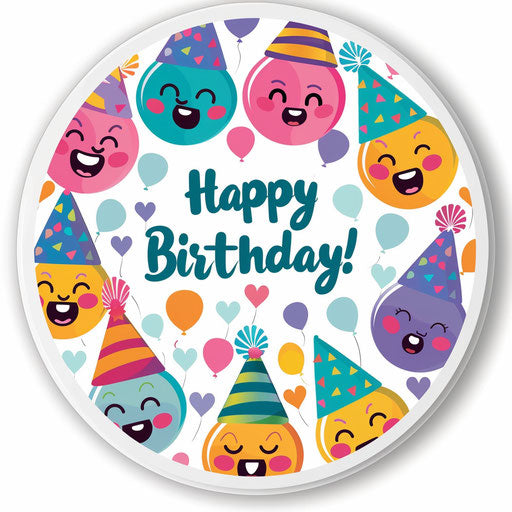 Colorful emoji faces with party hats saying Happy Birthday