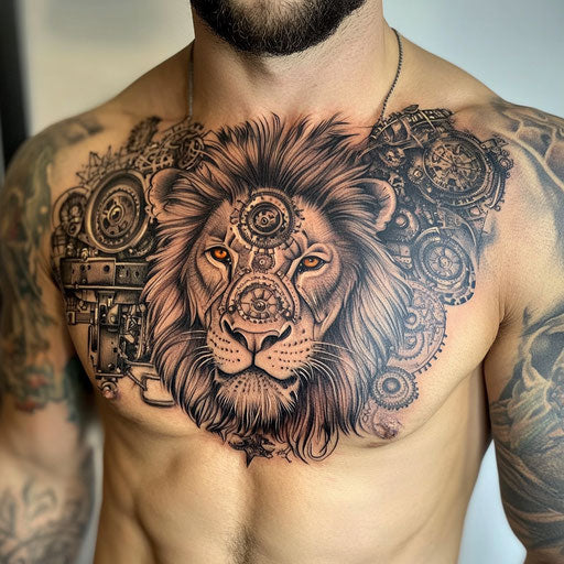Lion chest tattoo with steampunk elements
