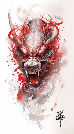 Red Chinese dragon drawing, precise lines, tattoo style