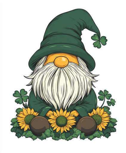 St. Patrick's Day Gnome, sunflowers, and clover in a hat