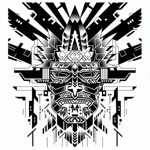Geometric Aztec warrior tattoo pattern on white background