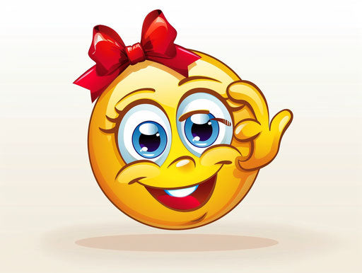 Yellow face with red bow covering eye, winking