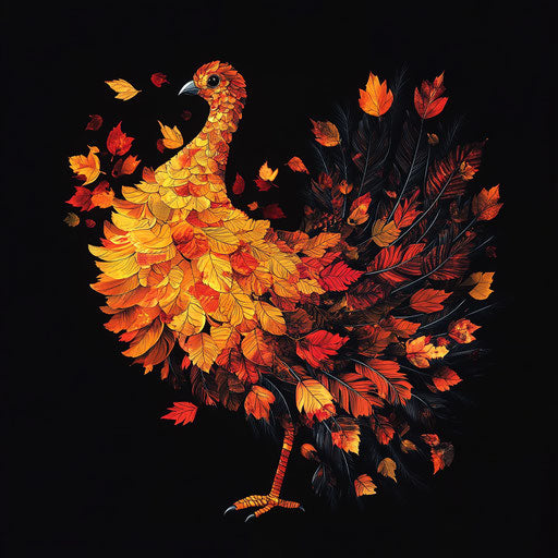 Stylized turkey silhouette made of vibrant fall leaves and glowing warm hues of orange, yellow, and red