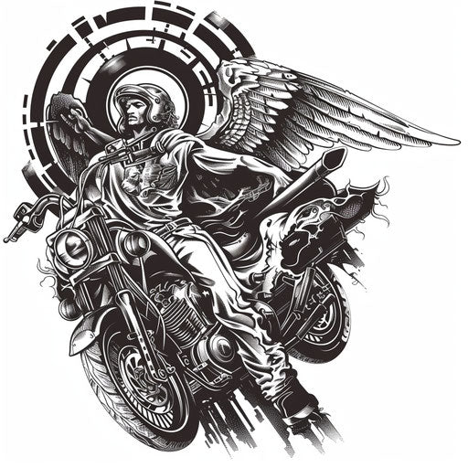 Biomechanical tattoo with Archangel Michael and mechanical bike