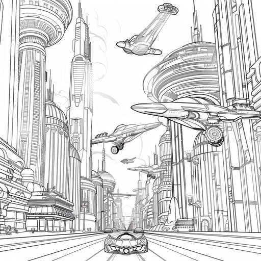 Futuristic city with flying cars and skyscrapers