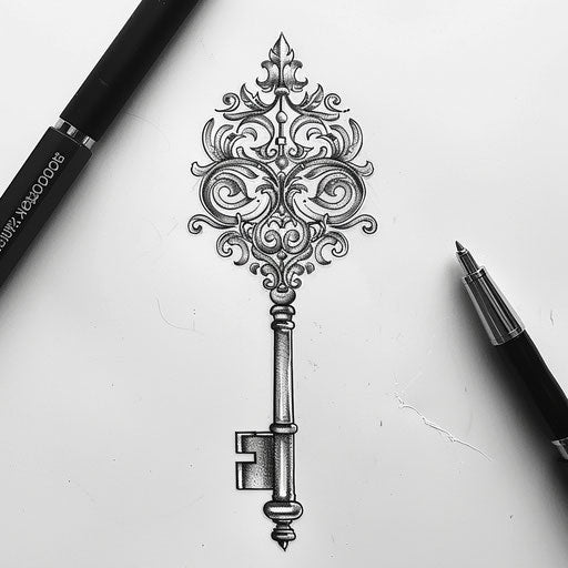Enigmatic key with baroque filigree tattooed bold flat