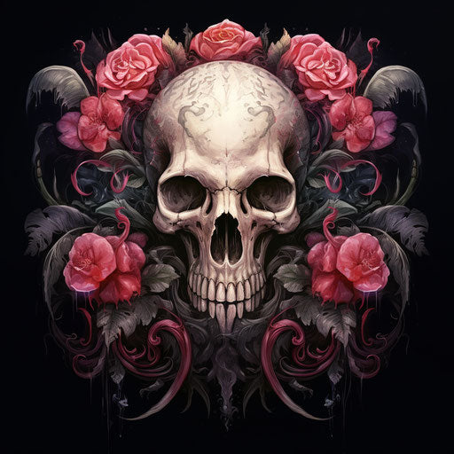The skull with roses and leaves is shown in black, in the style of detailed feather rendering, majestic elephants, minimalist illustrator, grotesque satire, sabbas apterus, multilayered realism, unique character design