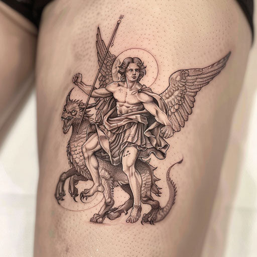 Detailed black and grey ink tattoo of Saint Michael defeating the dragon
