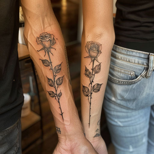Friendship tattoos in the style of Glenn Fabry with intertwined realistic roses