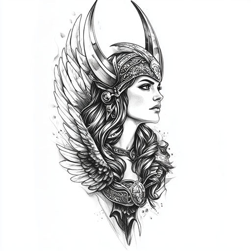 Viking sleeve tattoo sketch of a Valkyrie with fantasy wings