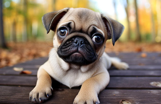 An adorable pug puppy gazes at the camera