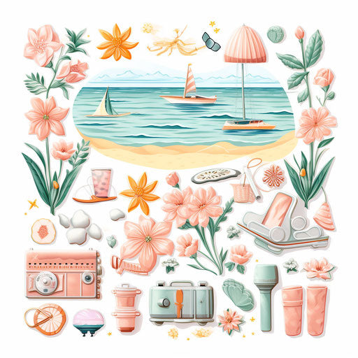 Summer art in Pastel Colors Art style, on white background