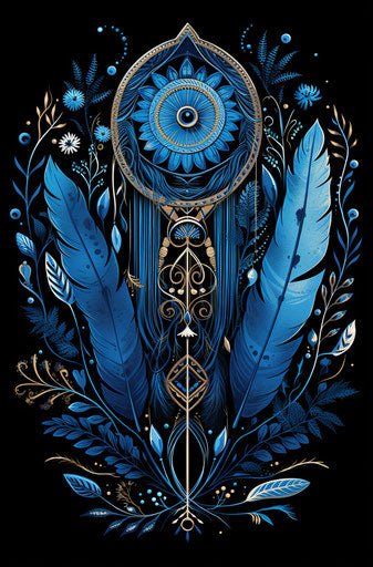 Blue dream catcher with blue feathers, intricate woodcut style