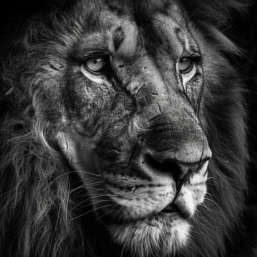 Intimate portrait of a lion's face, with intense gaze