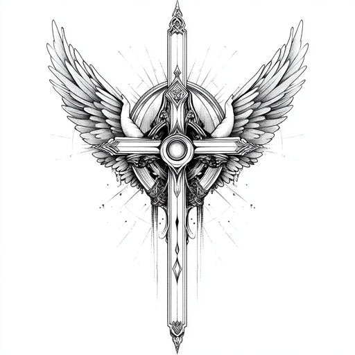 Cross and angel wings in flat tattoo sketch religious