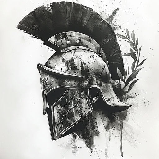 Detailed Spartan helmet with olive branch in black and gray