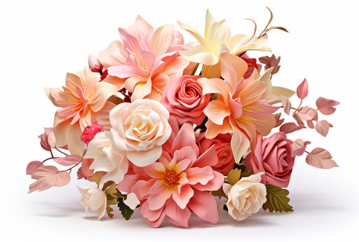 Bright bouquet in light pink and orange tones on white background
