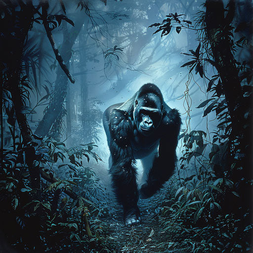 Gorilla leading troop in misty jungle at dawn