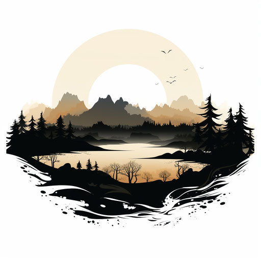 Land artwork in the style of Chiaroscuro Art, on a white background