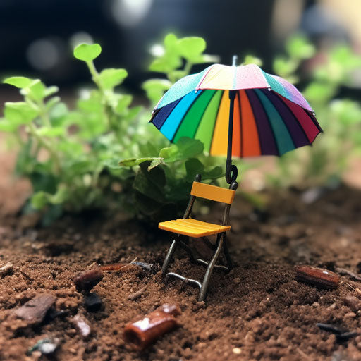 Tiny rainbow umbrella next to chair in nature style