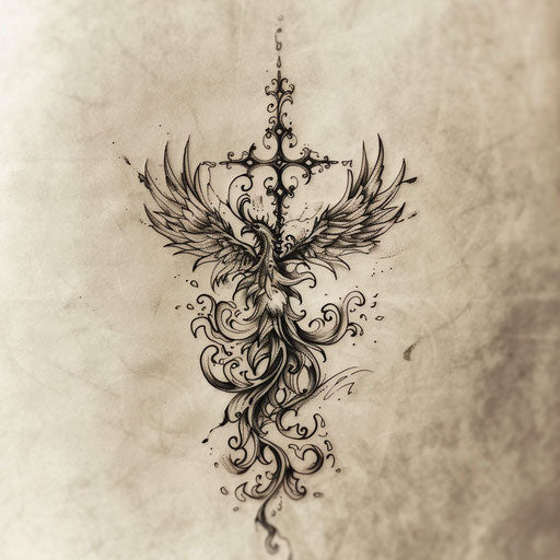 Strength Cross Tattoo With Phoenix Rising From Flames
