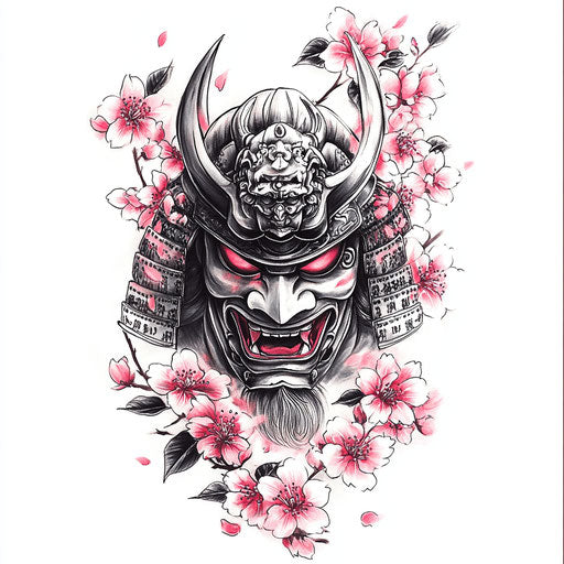 Yakuza back tattoo: samurai mask and cherry blossoms